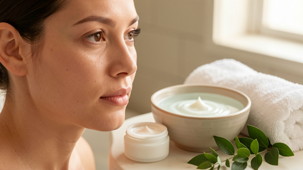 Gros plan d’une peau du visage féminine dans un décor de soins doux, avec une crème hydratante sans inscription, un bol d’eau, une serviette et des feuilles vertes.