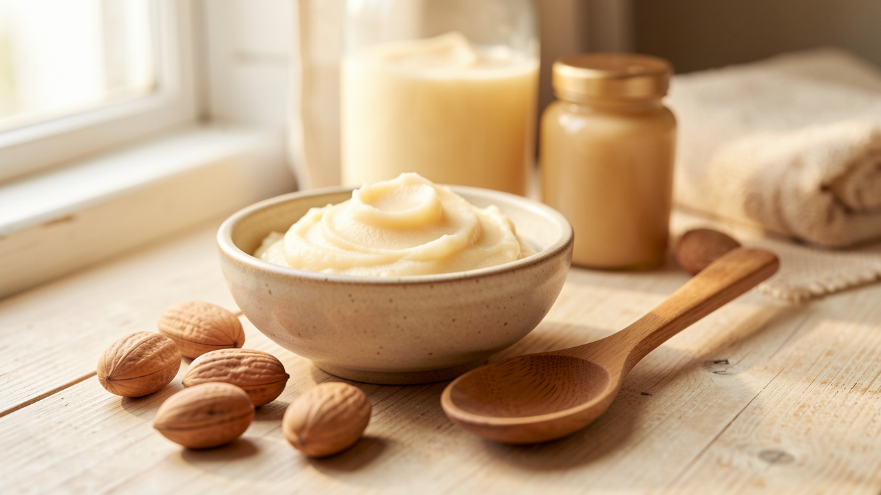 Un bol de beurre de karité crémeux entouré de noix de karité et d’accessoires naturels pour les soins quotidiens de la peau, des cheveux et des lèvres.
