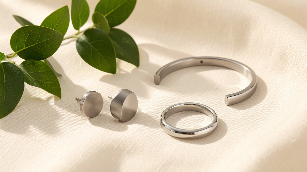 Assortiment élégant de bijoux hypoallergéniques en titane et acier inoxydable, disposés sur un tissu crème avec des feuilles vertes.