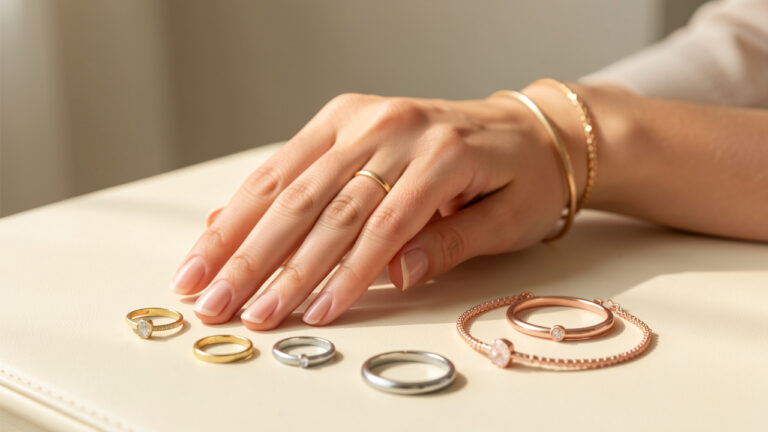 Main féminine comparant des bijoux dorés, argentés et or rose sur différents sous-tons de peau.