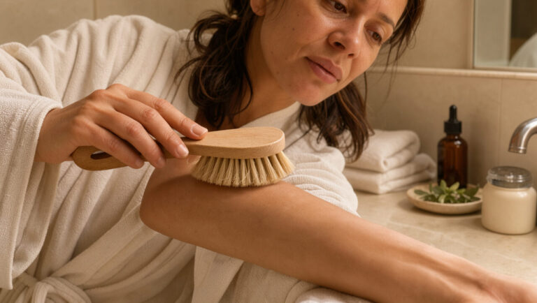 Une femme en peignoir crème montre la technique du brossage à sec sur son avant-bras avec une brosse à poils naturels, dans une salle de bain lumineuse.