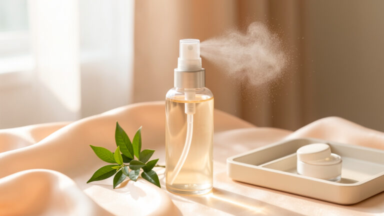 Flacon élégant de brume pour le corps entouré de tissu satiné et de feuilles végétales sur une coiffeuse lumineuse.