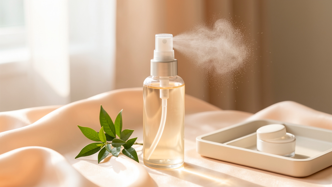 Flacon élégant de brume pour le corps entouré de tissu satiné et de feuilles végétales sur une coiffeuse lumineuse.