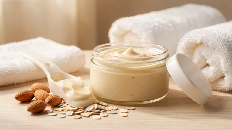 Vasetto senza etichetta di burro corpo cremoso con ingredienti naturali e asciugamani morbidi, in una composizione dai toni beige e avorio.