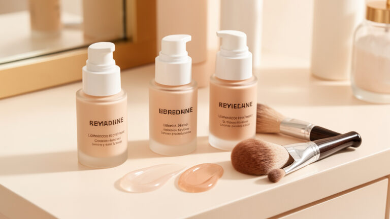 Présentation élégante de flacons de primer sans marque et de textures de gel transparent sur une coiffeuse, dans des tons ivoire et pêche.