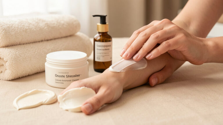 Main féminine appliquant une crème hydratante sur l’avant-bras, entourée d’un pot de soin sans marque, d’huiles végétales et de serviettes dans une ambiance lumineuse et apaisante.