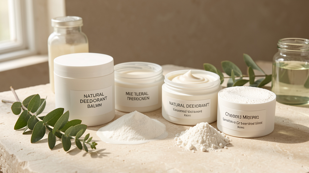 Gamme de déodorants naturels sans marque présentée avec des ingrédients végétaux et différentes textures sur une surface en pierre claire.