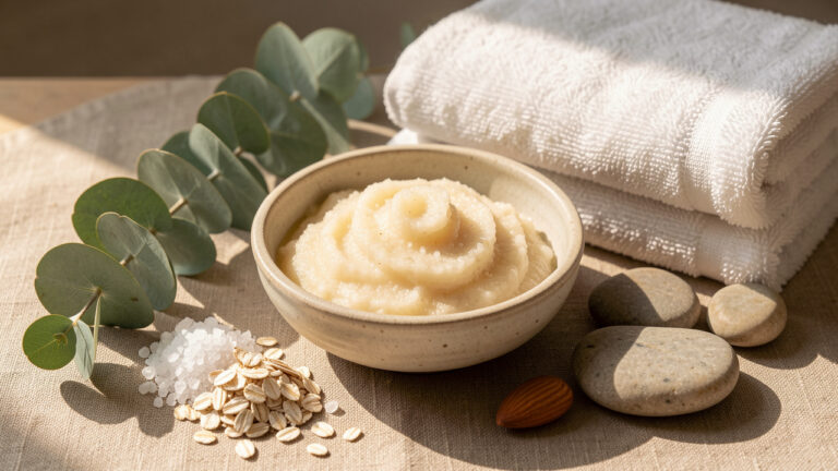 Composition de soins corporels avec un gommage crémeux dans un bol en céramique, du sel marin, des flocons d’avoine, de l’huile d’amande, des serviettes douces et de l’eucalyptus dans une ambiance spa lumineuse.