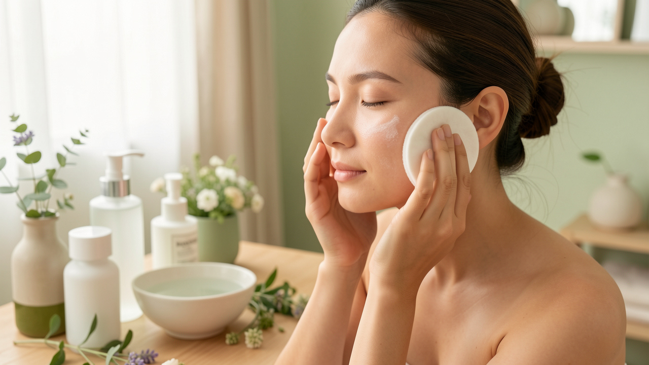 Femme appliquant doucement un soin exfoliant sur son visage dans un environnement de spa lumineux et naturel.