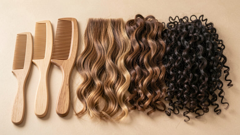 Collection de peignes adaptés aux cheveux raides, ondulés, bouclés et crépus.