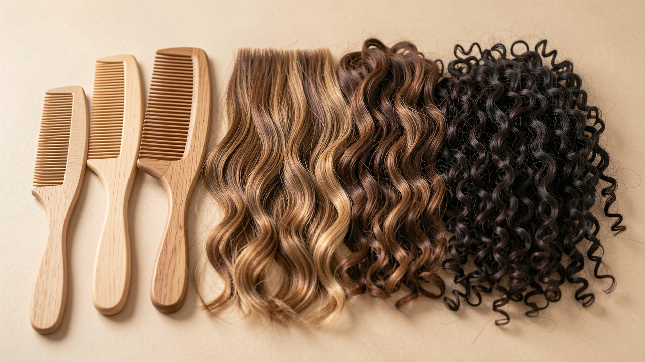 Collection de peignes adaptés aux cheveux raides, ondulés, bouclés et crépus.