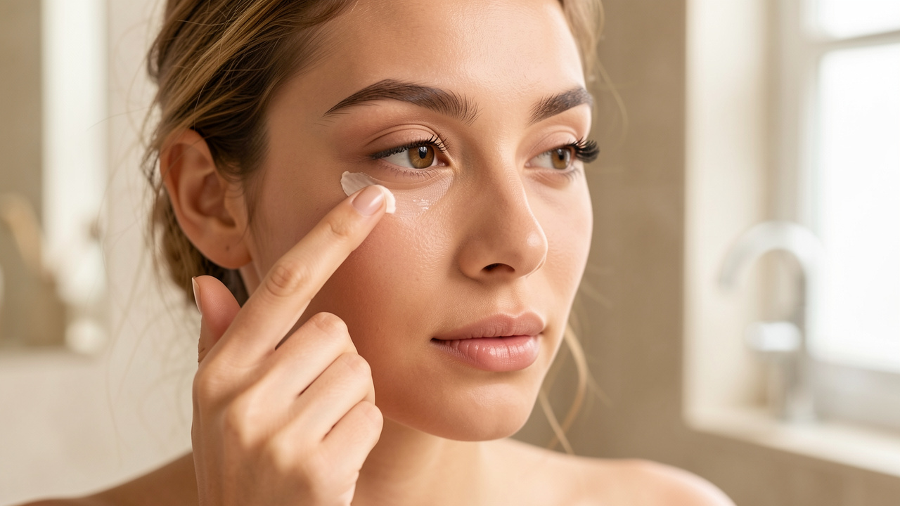 Jeune femme appliquant délicatement un correcteur sous les yeux en estompant le produit autour du contour oculaire.