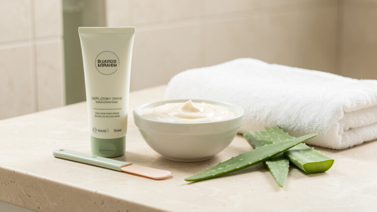 Tube neutre de crème dépilatoire accompagné d'une spatule, d'une lotion crémeuse, de feuilles d'aloe vera et d'une serviette blanche dans une salle de bain lumineuse.