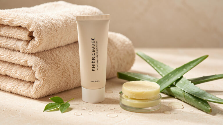 Tube de crème pour les mains posé près de serviettes en coton, de beurre de karité et de feuilles d’aloe vera dans une ambiance douce et lumineuse.