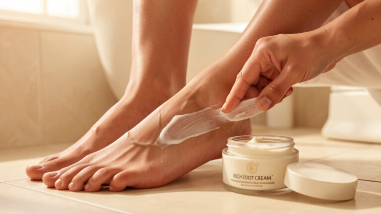Pieds féminins soigneusement entretenus avec des talons doux et hydratés, accompagnés d’un pot neutre de crème pour les pieds dans une salle de bains lumineuse.