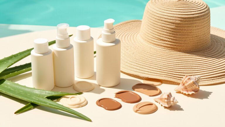 Composition lumineuse de flacons de crème solaire pour le corps sans étiquette, accompagnés d’échantillons de différentes carnations, d’aloe vera et d’un chapeau de soleil.