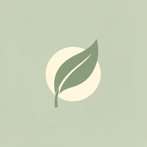 Emblème minimaliste et moderne représentant une feuille stylisée associée à une forme circulaire douce, dans des tons ivoire et vert sauge sur un fond uni.