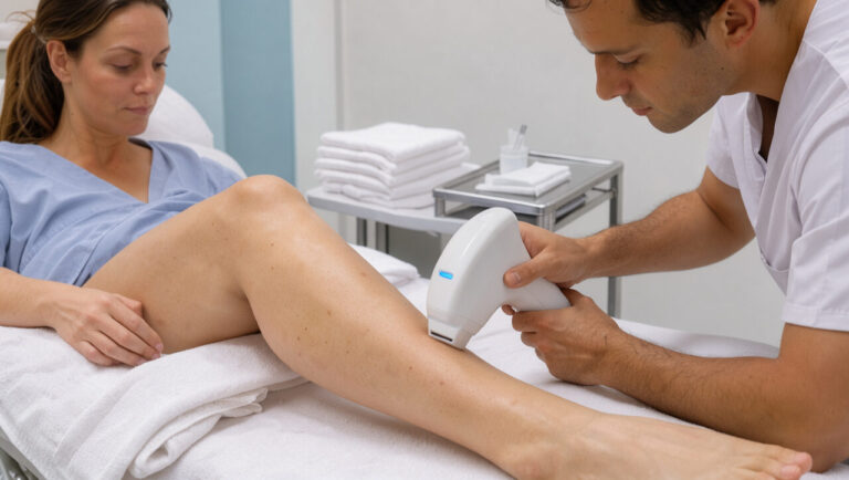 Une femme reçoit un traitement d’épilation laser sur la jambe dans une clinique esthétique moderne.