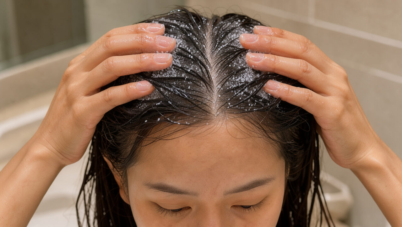Femme aux cheveux humides appliquant délicatement un gommage exfoliant sur son cuir chevelu dans une salle de bains lumineuse.
