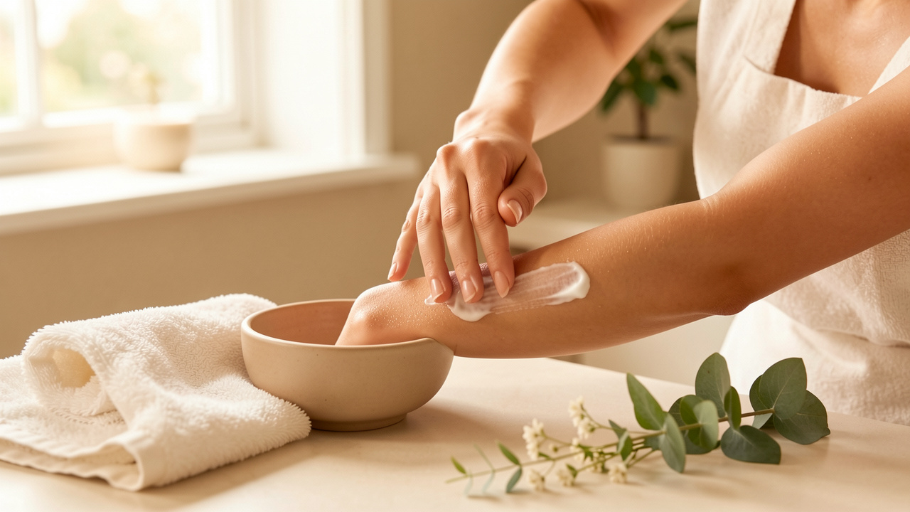 Femme appliquant délicatement un exfoliant crémeux sur son avant-bras dans une salle de bain lumineuse, avec une serviette et des ingrédients botaniques.