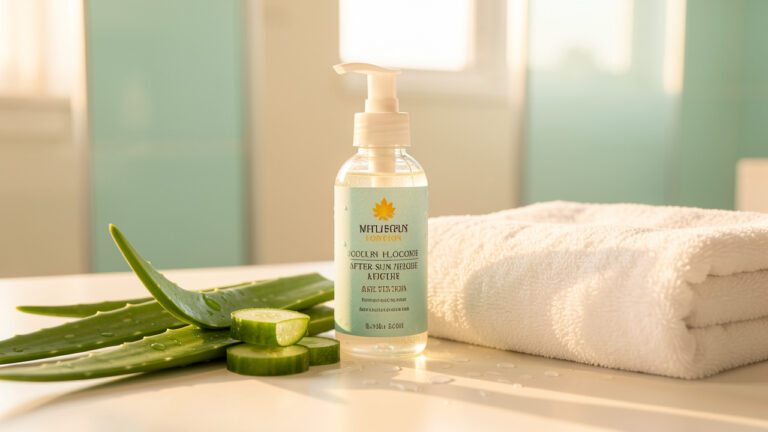 Flacon de lotion après-soleil entouré de feuilles d’aloe vera, de rondelles de concombre et d’une serviette blanche dans une salle de bain lumineuse.
