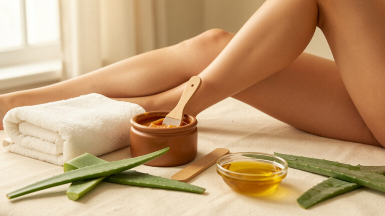 Arrangement de soins avec un pot de cire dépilatoire, une spatule en bois, des serviettes douces, de l’aloe vera et la jambe d’une femme.