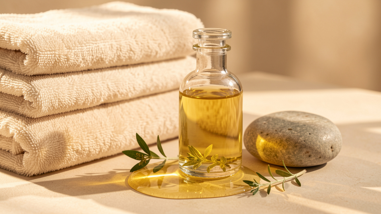 Flacon en verre d’huile corporelle dorée entouré de serviettes douces, de pierres naturelles et d’ingrédients botaniques dans une ambiance de spa lumineuse.