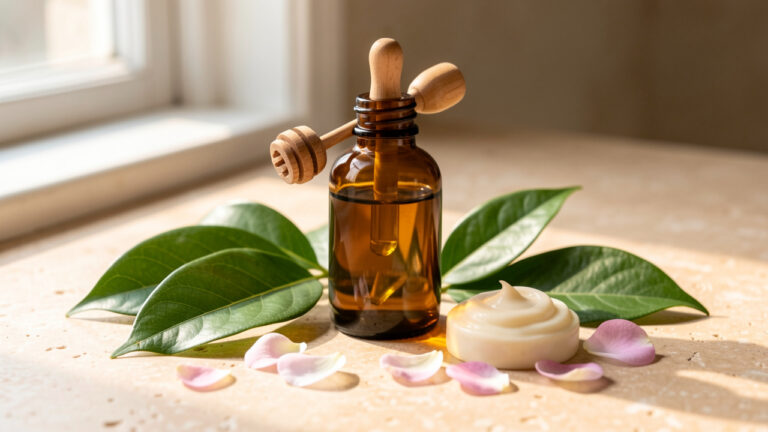 Flacon ambré d’huile pour le corps entouré de feuilles vertes, de lotion crémeuse et de pétales sur une surface en pierre beige.