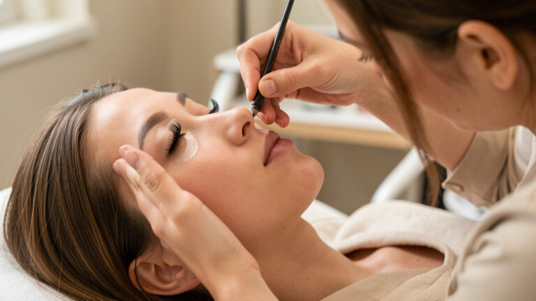 Gros plan d’une jeune femme recevant un soin de rehaussement et de mise en forme des cils dans un salon de beauté.