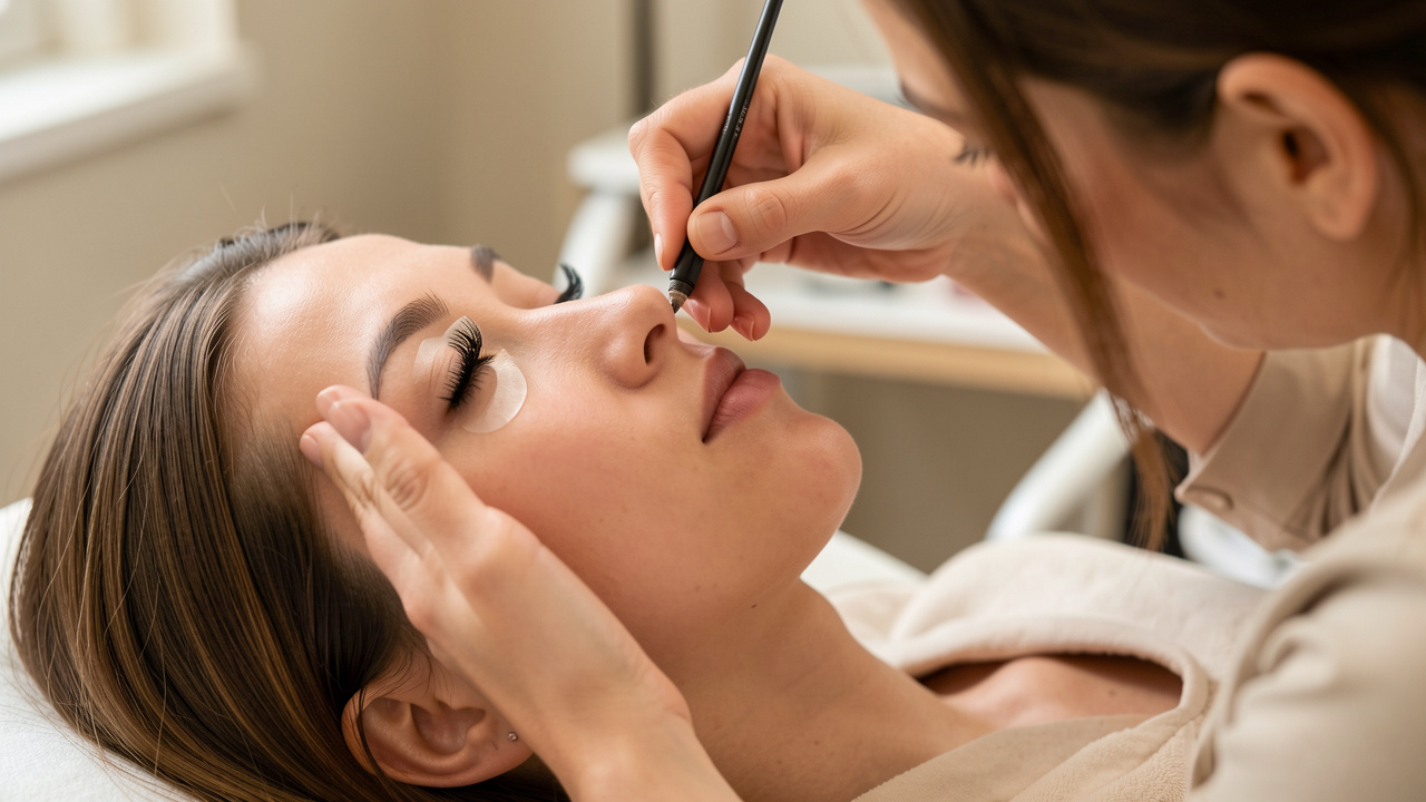 Gros plan d’une jeune femme recevant un soin de rehaussement et de mise en forme des cils dans un salon de beauté.