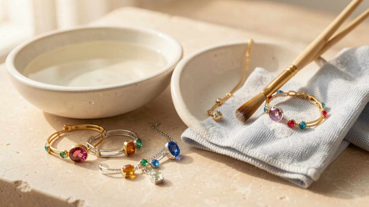 Bijoux en or et en argent ornés de pierres colorées nettoyés délicatement avec un chiffon doux, une brosse fine et un bol d’eau tiède.