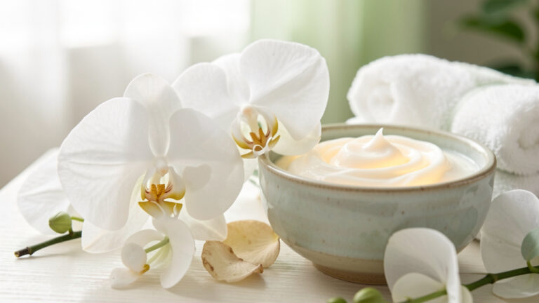 Fleurs d’orchidée blanche et crème de soin pour le visage dans une composition élégante et apaisante.