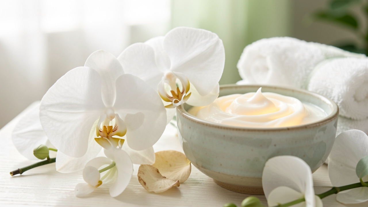 Fleurs d’orchidée blanche et crème de soin pour le visage dans une composition élégante et apaisante.