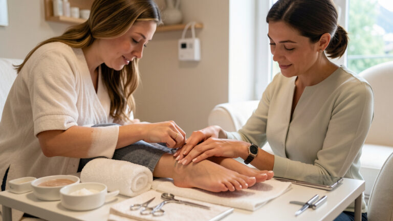 Femme recevant une pédicure professionnelle dans un salon propre et moderne, avec serviette chaude et outils soigneusement disposés.