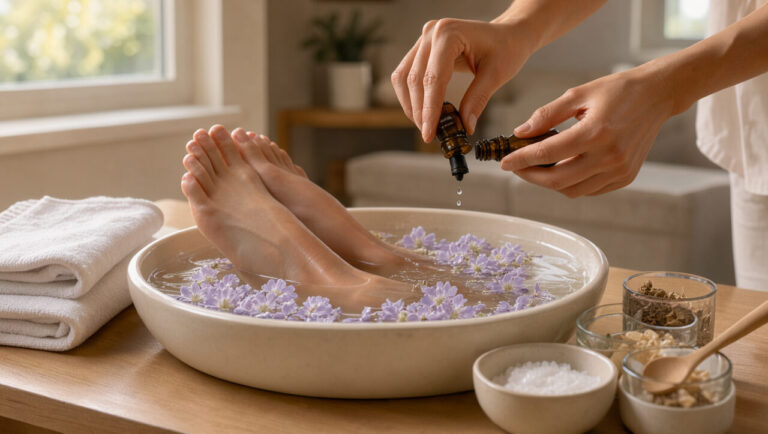 Bain de pieds maison avec des fleurs de lavande, des serviettes blanches et des ingrédients naturels pour garder les pieds doux.