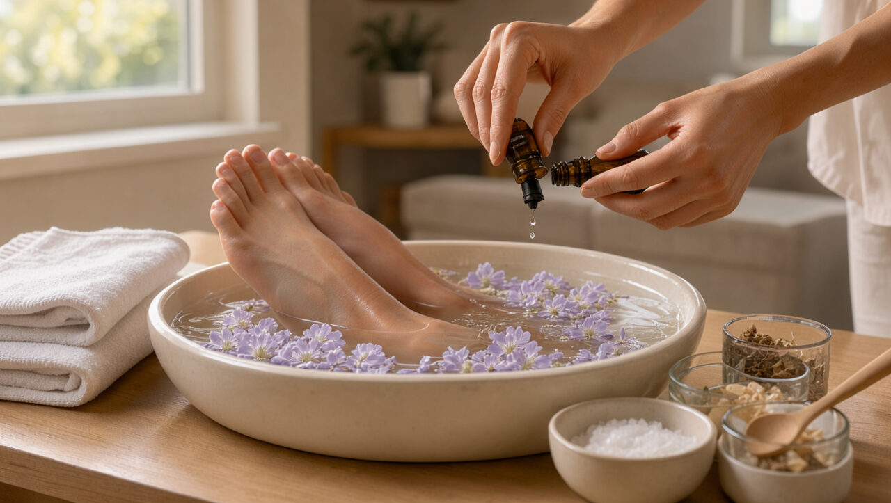 Bain de pieds maison avec des fleurs de lavande, des serviettes blanches et des ingrédients naturels pour garder les pieds doux.