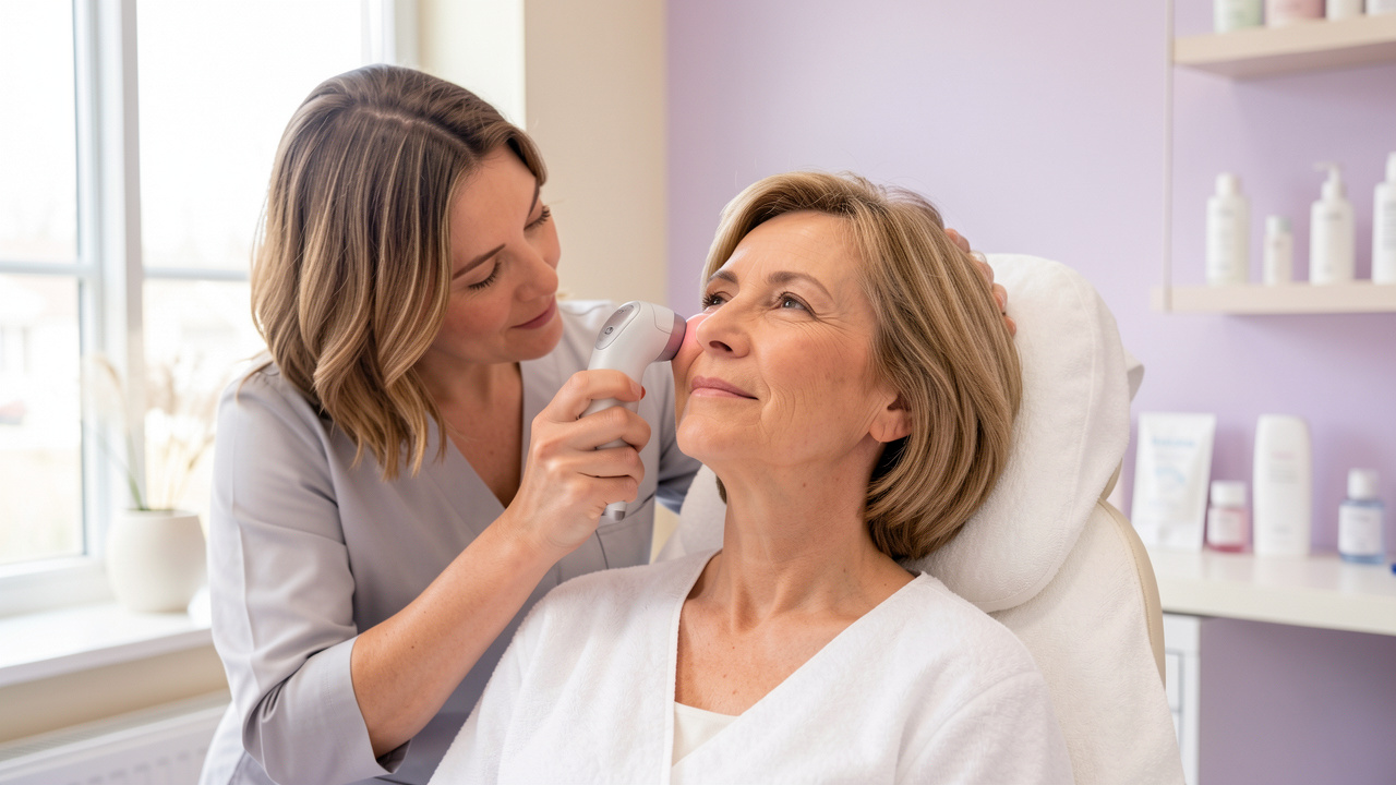 Une femme reçoit un soin de radiofréquence sur le visage dans une clinique esthétique moderne.