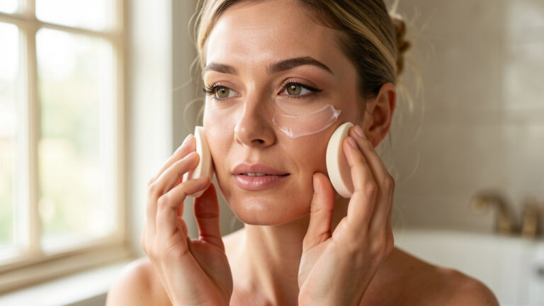 Une femme réapplique délicatement une protection solaire translucide sur son visage maquillé à l’aide d’une éponge de maquillage.