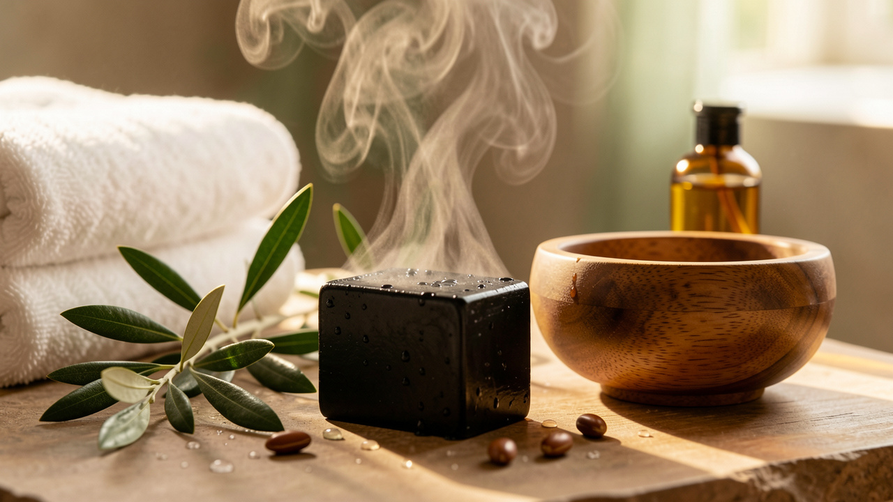Saponetta nera naturale accanto a foglie di ulivo, olio di argan, una ciotola in legno e asciugamani chiari in un ambiente luminoso e rilassante.