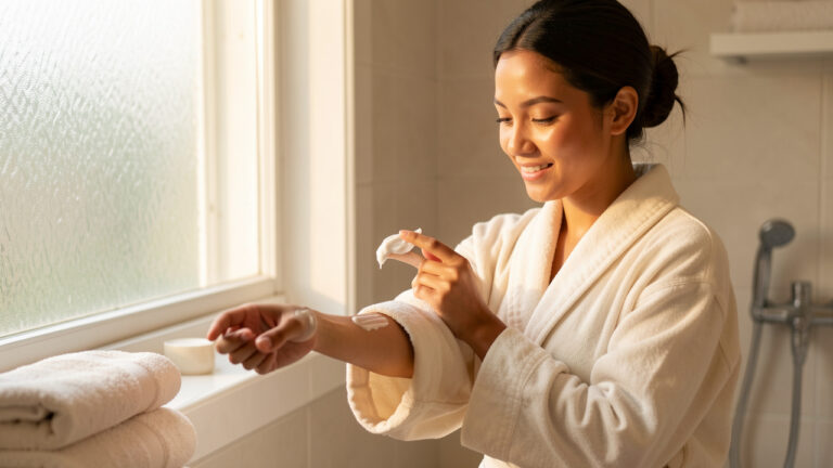Femme appliquant délicatement une crème hydratante sur son avant-bras dans une salle de bains lumineuse