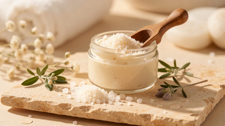 Exfoliant corpo in un barattolo di vetro senza etichetta, con cristalli di zucchero e ingredienti botanici su una superficie in pietra beige, illuminati da una luce naturale e calda.