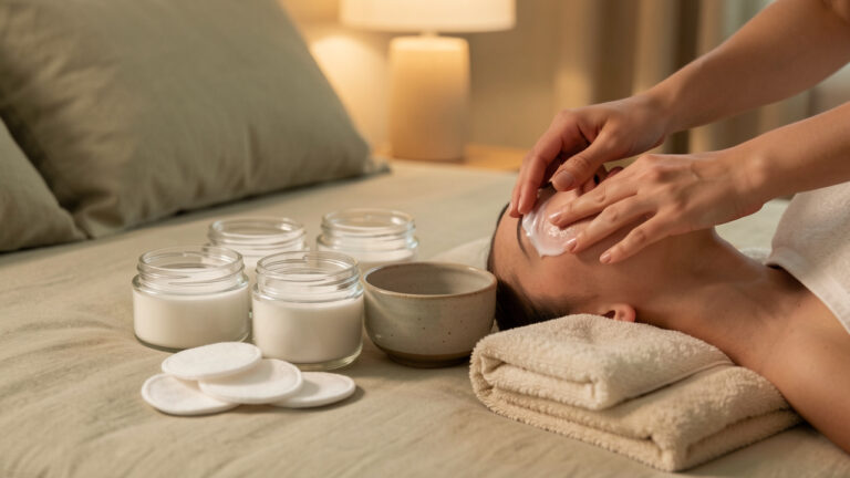 Routine de soins du visage du soir organisée avec des produits minimalistes, une serviette claire et une lumière douce et apaisante.