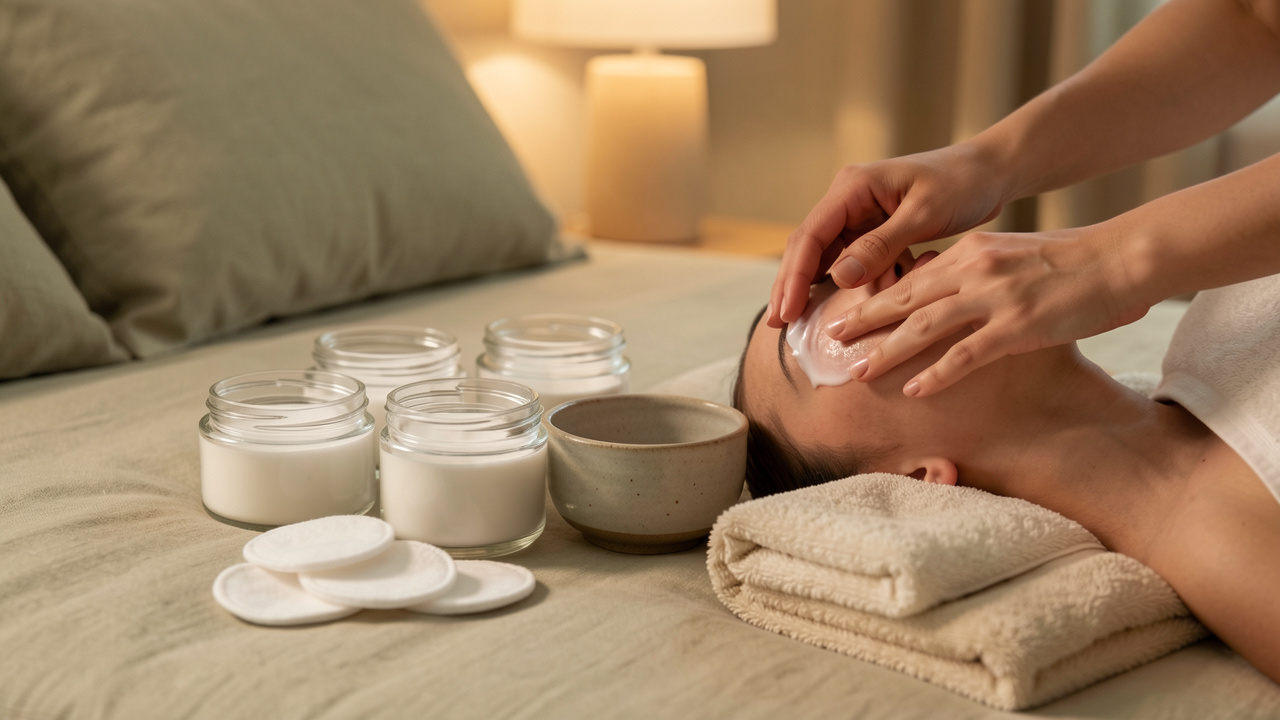 Routine de soins du visage du soir organisée avec des produits minimalistes, une serviette claire et une lumière douce et apaisante.