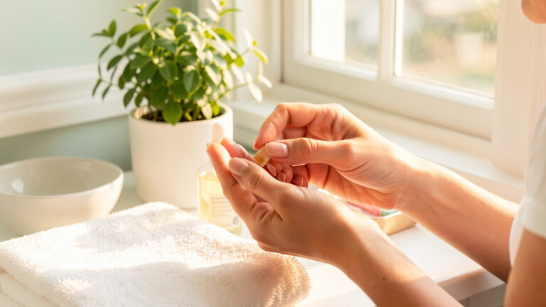 Mains féminines prenant soin de leurs ongles au matin avec de l’huile nourrissante, dans une salle de bain lumineuse.