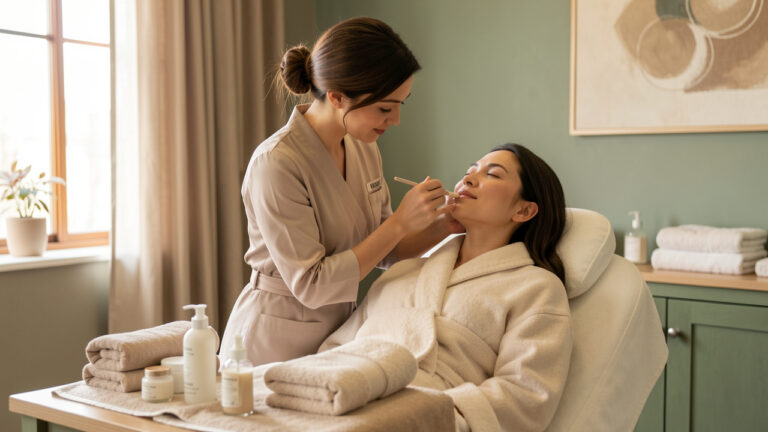 Une esthéticienne prépare un soin du visage apaisant pour une cliente dans un institut de beauté élégant et lumineux.