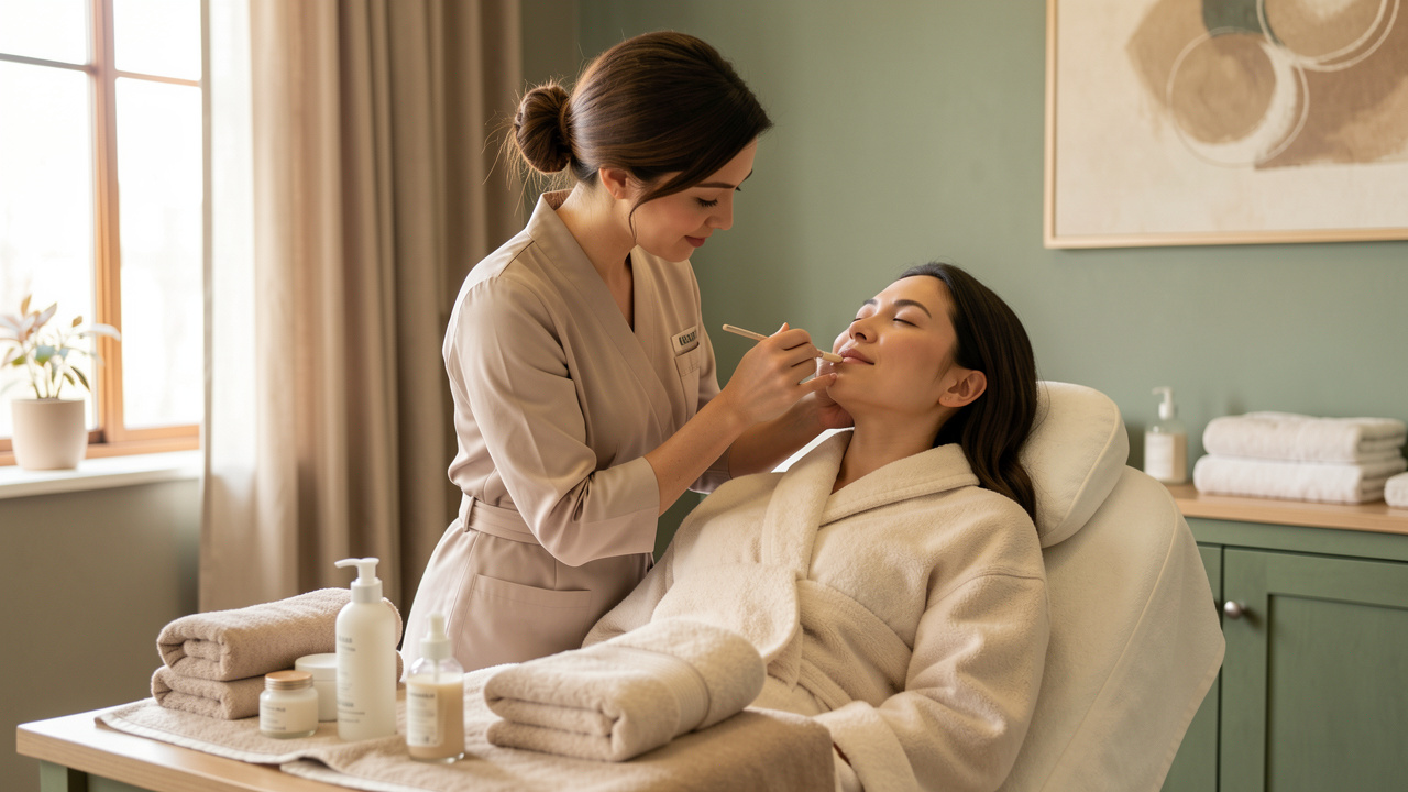 Une esthéticienne prépare un soin du visage apaisant pour une cliente dans un institut de beauté élégant et lumineux.