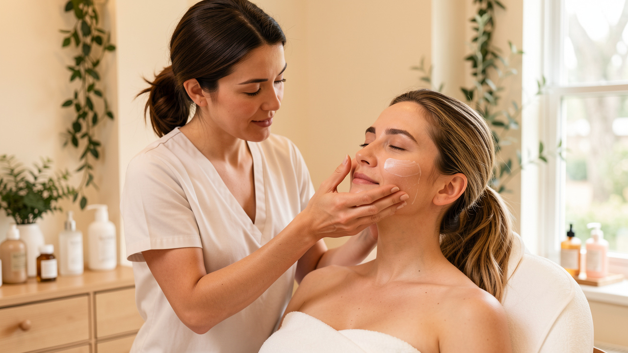 Une esthéticienne applique doucement un soin hydratant sur le visage d’une femme dans un institut lumineux aux tons crème.