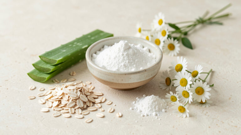 Composition de soins du visage avec une poudre cosmétique blanche, de l’avoine, de la poudre de riz, de l’aloe vera et des fleurs de camomille.